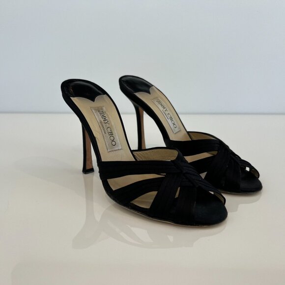 JIMMY CHOO BLACK SILK SATIN SLIDE SANDALS SIZE IT 38 / US 8 - Picture 8 of 16